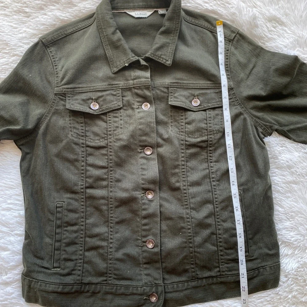 L.L.BEAN Denim Trucker Jacket Womens Olive Green Stretch Size L Regular